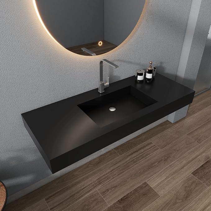 SJ Star&Jane 48" x 19" Solid Surface Bathroom Sink, Wall-Mount or Countertop Vessel Sink, Rectangle Floating Vanity Sink in Matte Black, Durable Modern Design