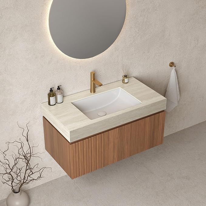 Bathroom Vanity with Sink 36 Inch, Floating Bathroom Vanity Sink Cabinet with Drawer and Door, Undermount Sink & Travertine-Pattern Sintered Stone Top, Pre-Assembled, Brown Oak
