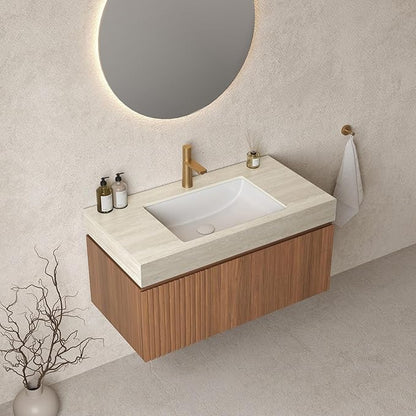 Bathroom Vanity with Sink 36 Inch, Floating Bathroom Vanity Sink Cabinet with Drawer and Door, Undermount Sink & Travertine-Pattern Sintered Stone Top, Pre-Assembled, Brown Oak