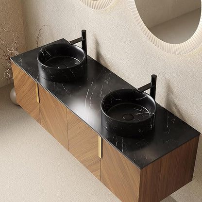 60" Double Sink Bathroom Vanity with Sink Combo, Floating Vanity with Vessel Sink, Wall-Mounted Plywood Bathroom Vanity Storage Cabinet with 4 Doors & 2 Black Round Basin, Brown Oak
