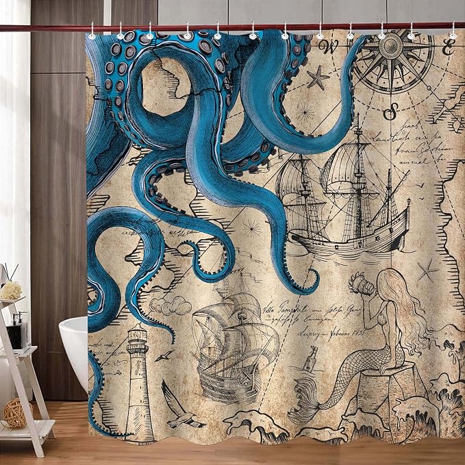 Fungarth Vintage Nautical Octopus Shower Curtain Navy Blue Mermaid Funny Ocean Kraken Shower Curtains for Bathroom Anchor Coastal Map Waterproof Fabric Bath Curtain Decor with Hooks (Retro, 72” x 72”)