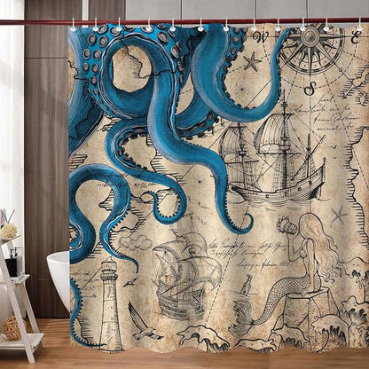 Fungarth Vintage Nautical Octopus Shower Curtain Navy Blue Mermaid Funny Ocean Kraken Shower Curtains for Bathroom Anchor Coastal Map Waterproof Fabric Bath Curtain Decor with Hooks (Retro, 72” x 72”)