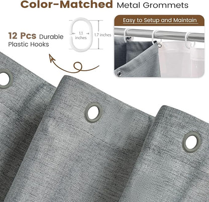 BTTN 72x84 Tall 3 in 1 Linen Texture Shower Curtain with Liner, Grey/Gray | Long Size, 230GSM Heavy Duty Polyester, Waterproof Clear Liner, Weighted Hem, 12 Plastic Hooks, Hotel Style, Machine Washable