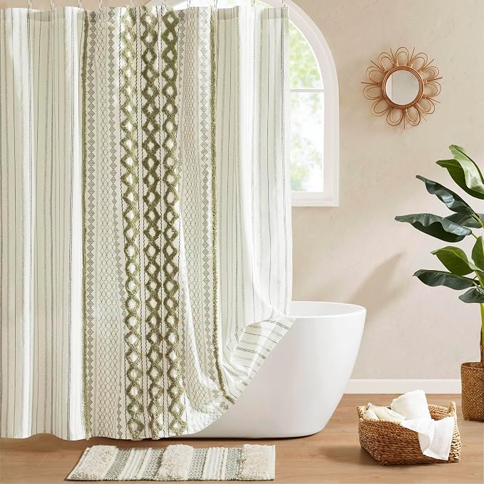 INK+IVY Extra Long Cotton Tufted Shower Curtain for Bathroom, Sage, 72 x 84 | Machine Washable, Boho Tufted Chenille Modern Home Bathroom Decor, Bathtub Privacy Screen, OEKO-TEX Certified