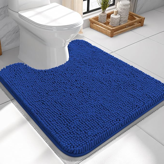 OLANLY Toilet Rugs U-Shaped 24x24, Soft Absorbent Chenille Contour Rugs | Royal Blue, Quick-Drying Rubber Backing, Machine Washable Non-Slip Shaggy Bathroom Mat for Toilet, Home Decor Accessories