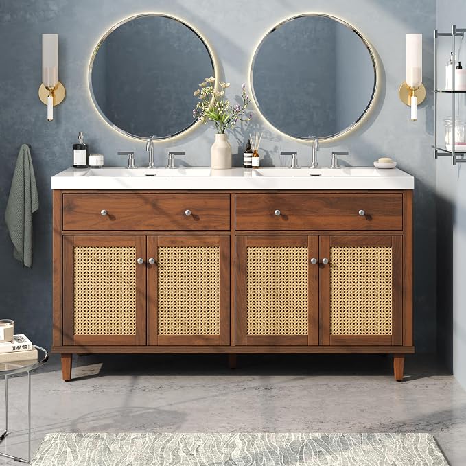 60" Farmhouse Double Sink Bathroom Vanity with Double Sinks, Soft Closing Doors and Flip-Out Drawers, Solid Wood Frame & MDF Wood Bathroom Sink Cabinet, Freestanding Solid Wood Legs
