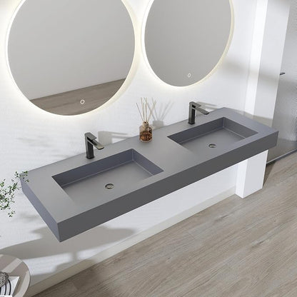 SJ STAR&JANE 59" x 19" Solid Surface Bathroom Double Vessel Sink, Wall Mounted Sink, Stone Resin Countertop With Double Bowl in Light Gray Rectangle Double Floating Vanity Sink Durable Modern Design