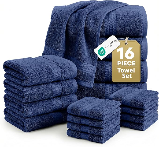 LANE LINEN Bathroom Towel Set 16 Piece Soft Absorbent Quick Dry - Navy | Set Of Towels - Easy-Care, Coordinated Colors, OEKO-TEX Certified, Ring-Spun Durability