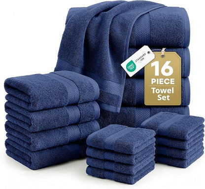 LANE LINEN Bathroom Towel Set 16 Piece Soft Absorbent Quick Dry - Navy | Set Of Towels - Easy-Care, Coordinated Colors, OEKO-TEX Certified, Ring-Spun Durability