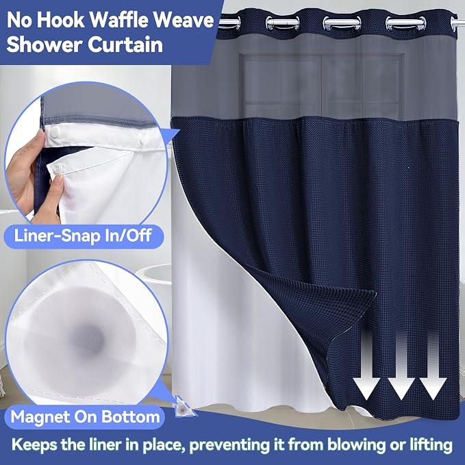 Conbo Mio Extra Long No Hook Waffle Weave Shower Curtain with Snap in Liner Set, Hotel Luxury Navy Blue Shower Curtains for Bathroom with See Through Top Window, Waterproof, Washable 71W x 84H