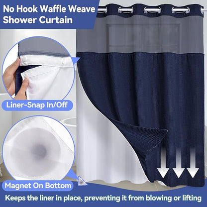 Conbo Mio Extra Long No Hook Waffle Weave Shower Curtain with Snap in Liner Set, Hotel Luxury Navy Blue Shower Curtains for Bathroom with See Through Top Window, Waterproof, Washable 71W x 84H