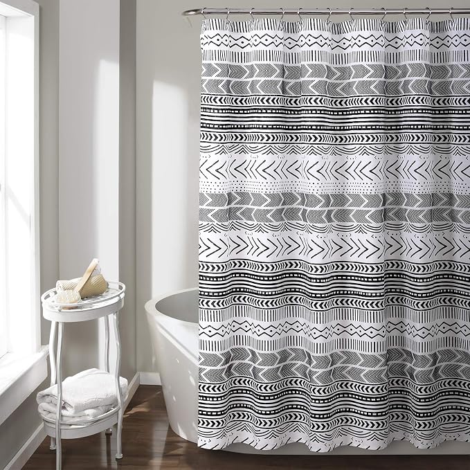Lush Decor Hygge Geo Shower Curtain, 72" W x 72" L, Black/White - Curtain For Bathroom - Striped Bathroom Decor - Black Bath Accessories - Neutral Color Accessories - Geometric Scandinavian Print