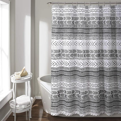 Lush Decor Hygge Geo Shower Curtain, 72" W x 72" L, Black/White - Curtain For Bathroom - Striped Bathroom Decor - Black Bath Accessories - Neutral Color Accessories - Geometric Scandinavian Print