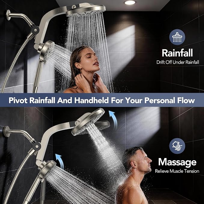 High Pressure Rain Showerhead Combo, Magnetic Shower Head Set with Detachable 8-Mode Handheld Shower Spray, Adjustable Angle Dual Showerhead with Built-in Magnetic Docking, Power Jets Brushed Nickel