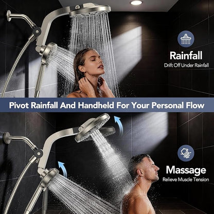 High Pressure Rain Showerhead Combo, Magnetic Shower Head Set with Detachable 8-Mode Handheld Shower Spray, Adjustable Angle Dual Showerhead with Built-in Magnetic Docking, Power Jets Brushed Nickel