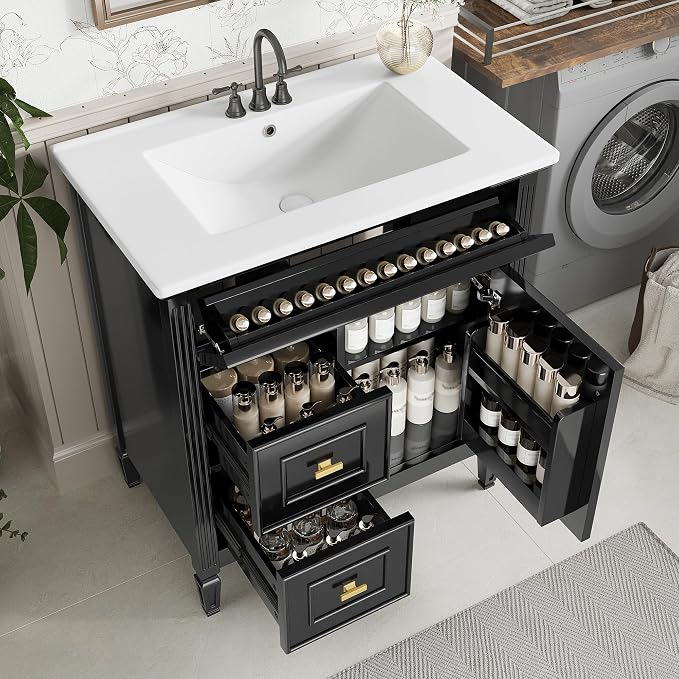 30" Bathroom Vanity with Ceramic Sink, 1 Flip Drawer & 2 Side Drawers, Modern Freestanding Storage Cabinet w/Adjustable Shelf & Golden Metal Handles, Solid Wood Frame, Black