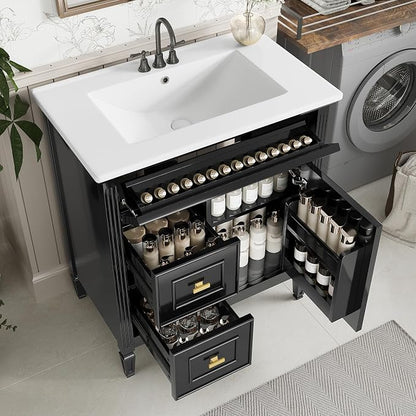 30" Bathroom Vanity with Ceramic Sink, 1 Flip Drawer & 2 Side Drawers, Modern Freestanding Storage Cabinet w/Adjustable Shelf & Golden Metal Handles, Solid Wood Frame, Black