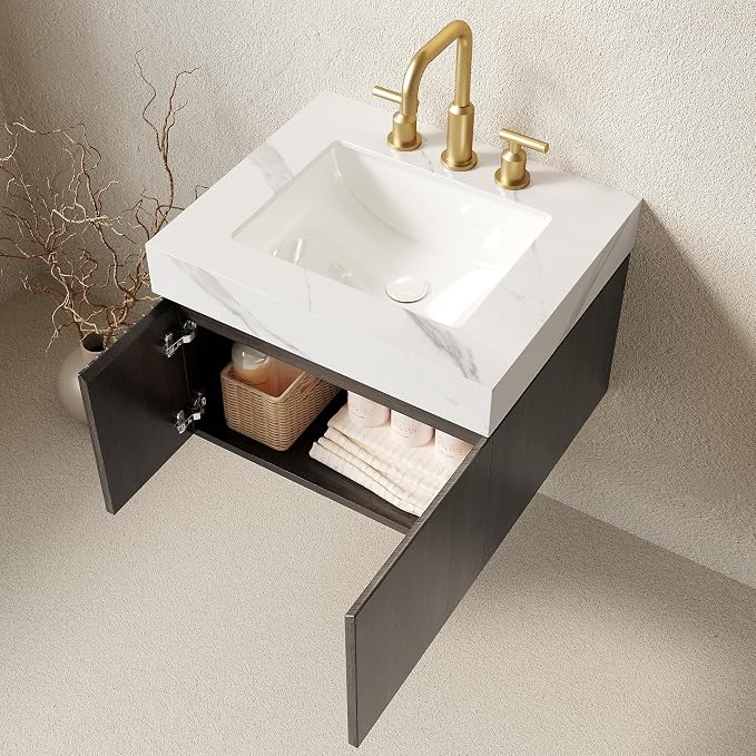 KEIKI 24 Inch Floating Bathroom Vanity with Sink, Espresso & White | Modern Wall Mounted Storage Cabinet with 2 Doors, Pre-assembled Wood Panels, Sintered Stone Top & Ceramic Basin Combo Set