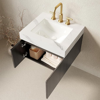 KEIKI 24 Inch Floating Bathroom Vanity with Sink, Espresso & White | Modern Wall Mounted Storage Cabinet with 2 Doors, Pre-assembled Wood Panels, Sintered Stone Top & Ceramic Basin Combo Set