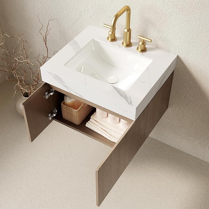 KEIKI 24 Inch Floating Bathroom Vanity with Sink, Light Brown & White | Modern Wall Mounted Storage Cabinet with 2 Doors, Pre-assembled Wood Panels, Sintered Stone Top & Ceramic Basin Combo Set