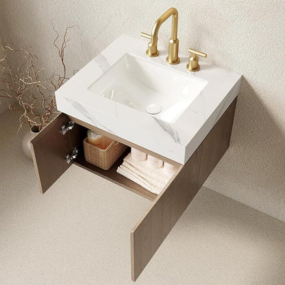 KEIKI 24 Inch Floating Bathroom Vanity with Sink, Light Brown & White | Modern Wall Mounted Storage Cabinet with 2 Doors, Pre-assembled Wood Panels, Sintered Stone Top & Ceramic Basin Combo Set