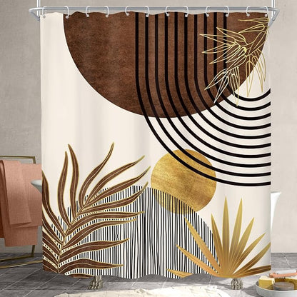 Mid Century Boho Abstract Modern Sun Minimalist Bathroom Shower Curtain Set | 60Wx72H Arch Golden design, waterproof HD print with fast-drying fabric and 12 hooks.
