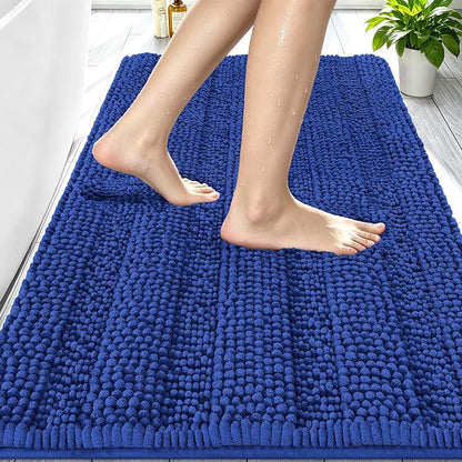 Smiry Thick Chenille Bathroom Rugs 30x20, Absorbent Bath Mat, Royal Blue | Quick‑Dry & Machine Washable, Non‑Slip Bath Carpet, Soft Striped Bath Rugs for Tub & Shower, Modern Home Decor Accessories