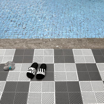 18 Pack Modular Interlocking Floor Mat Outdoor Shower Mat Tiles with Drainage Holes for Swimming Pool Bathroom Shower Sauna Room Garage Boat, 12"×12" Gray+White