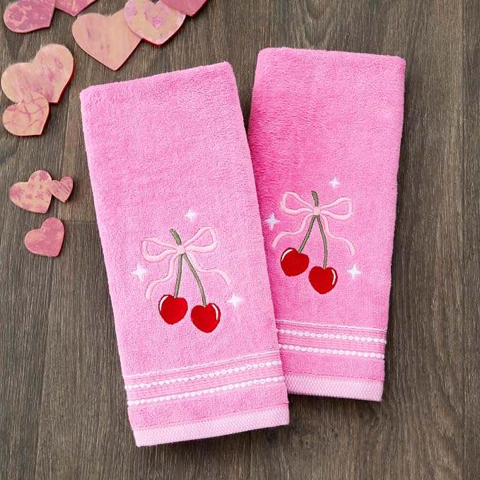 SKL Home Cherry Hearts Hand Towel Set-2pc, 100% Cotton, Embroidered, Pink | Soft & decorative velour. For use in the bathroom, kitchen or bar. Great for Valentine's Day & year-round décor.