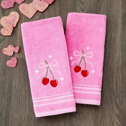 SKL Home Cherry Hearts Hand Towel Set-2pc, 100% Cotton, Embroidered, Pink | Soft & decorative velour. For use in the bathroom, kitchen or bar. Great for Valentine's Day & year-round décor.