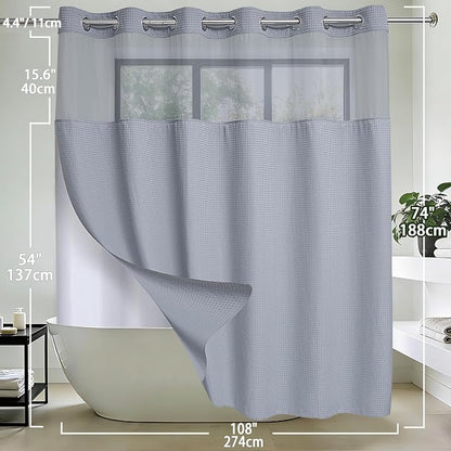 Conbo Mio Extra Wide No Hook Waffle Weave Shower Curtain with Snap in Liner Set, 108" x 74" Hotel Luxury Grey Shower Curtains for Bathroom with See Through Top Window, Waterproof, Washable 108W x 74H