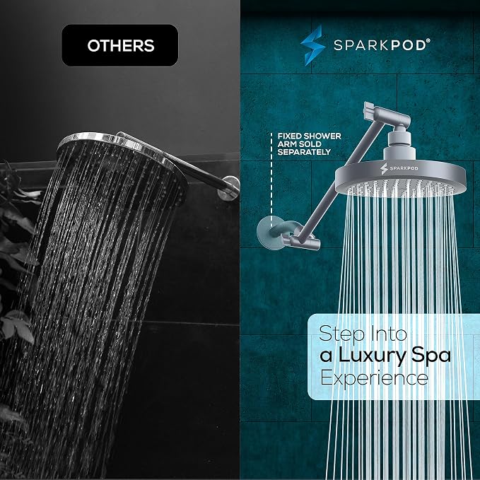 SparkPod 6" Round Rain Shower Head with 11" Shower Arm | Shower Head & Extension Arm Combo, Height Adjustable, High Pressure Performance, Easy 1-Minute Installation, Charcoal Grey