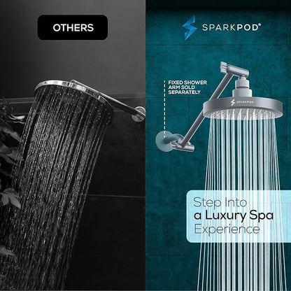 SparkPod 6" Round Rain Shower Head with 11" Shower Arm | Shower Head & Extension Arm Combo, Height Adjustable, High Pressure Performance, Easy 1-Minute Installation, Charcoal Grey