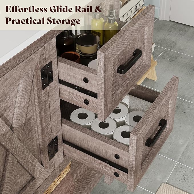 AMERLIFE 48” Farmhouse Bathroom Vanity with Sink, Freestanding Cabinet with 4 Drawers, Double Barn Doors & Open Shelf, Rustic Storage for Master or Family Bathroom, Light Gray