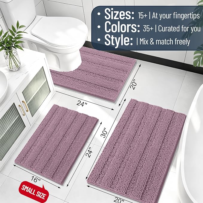 Smiry Thick Chenille Bathroom Runner Rugs 70x24, Soft Bath Mat, Deep Plum | Quick‑Dry & Machine Washable, Non‑Slip Bath Carpet, Striped Bath Rugs for Tub & Shower, Modern Home Decor Accessories