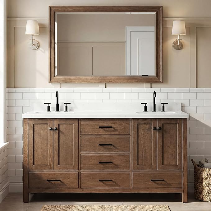DKB Beckford 66-Inch Brown Oak Double Bathroom Vanity with Sink, 1.5-Inch Edge Carrara White Quartz Countertop & 4" Backsplash, Soft-Closing Doors & Drawers, Solid Oak Wood Construction