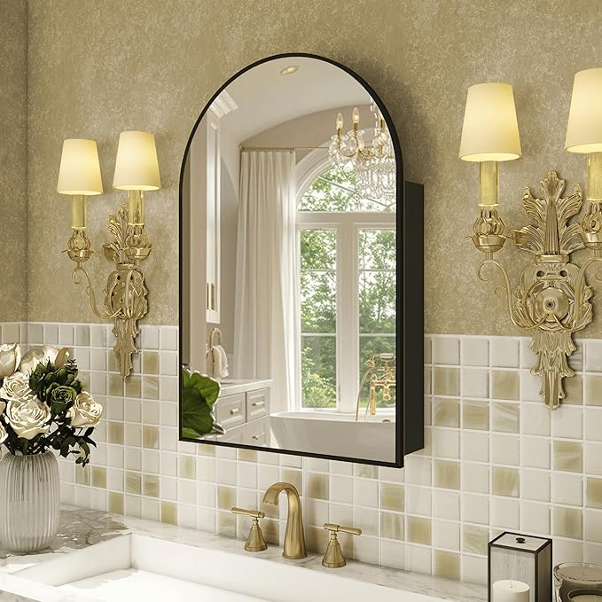 FKWin Large Medicine Cabinet Mirror for Luxury Bathrooms, Wall Mount | Large Bathroom Mirror with Storage, Modern Bathroom Style, Adjustable Shelves, Reversible Door, Bathroom Upgrade, Black