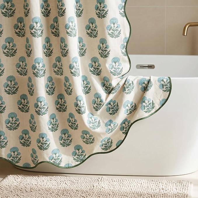 Boomkin Block Print Scalloped Shower Curtain Set with 12 Hooks | Blue and Green Shower Curtain Linen Textured Cottage Core Floral Bathroom Curtain for Vintage Farmhouse Bathroom 72 x 72 Inch