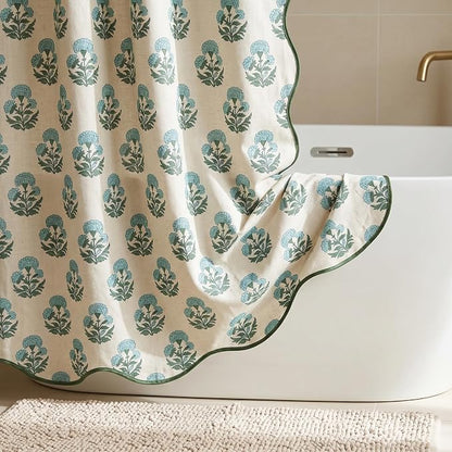 Boomkin Block Print Scalloped Shower Curtain Set with 12 Hooks | Blue and Green Shower Curtain Linen Textured Cottage Core Floral Bathroom Curtain for Vintage Farmhouse Bathroom 72 x 72 Inch