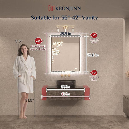 Keonjinn 30" x 36" LED Bathroom Mirror with Lights, Ambient Backlit Mirror | HD Tempered Glass Beveled Edge, Safe Defogging, Dimmable 3 Color Lights, Wall Switch/Plug in, Frameless LED Mirror for Salon
