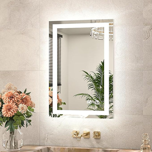 TETOTE LED Bathroom Mirror 16 x 24 Inch Brighter Light up Mirror for Bathroom Vanity, Front and Backlit Lighted Anti-Fog Wall Mirror with Lights, 3-Color Dimmable, Waterproof, Tempered Glass