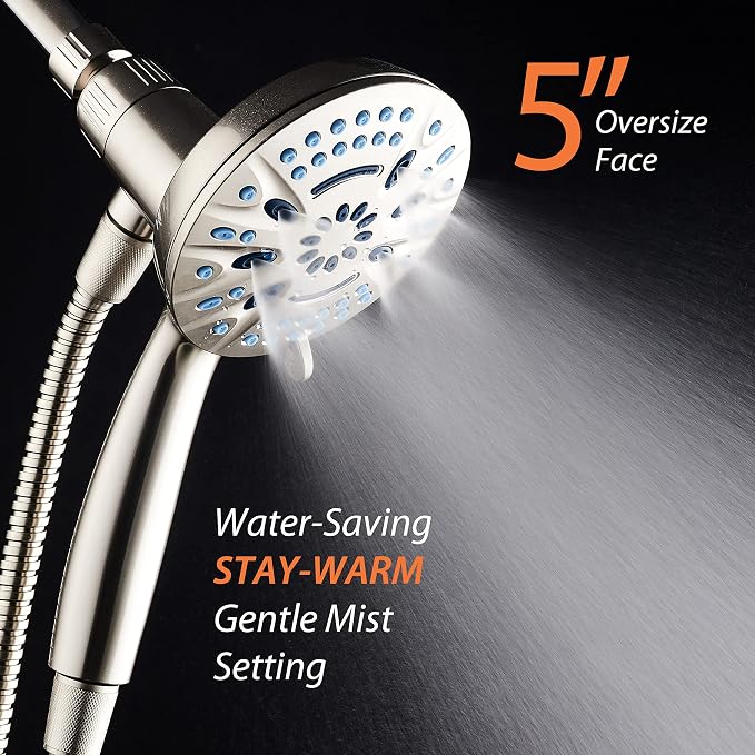 AquaCare Magneton 8-Mode High Pressure Handheld Shower Head with 2 Brackets | Space-age Magnetic Guidance Docking, Giant 5-inch Face with Hygienic Jets, Extra-long 6 ft. Stainless Steel Hose / Nickel