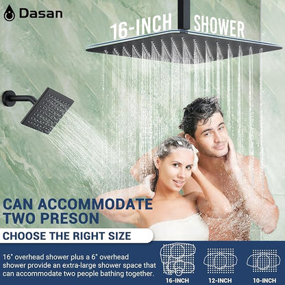 Dasan Thermostatic Dual Shower Head System with 6 Body Jets, 6-Inch Shower Head & 16” Rainfall Shower, Luxury Matte Black Shower Faucet Set Rain Shower Head System for Couples/ 2-Person