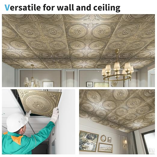 Art3d 12-Pack 2 x 2 ft Drop Ceiling Tiles for Interior Decor, Antique Gold | PVC, Waterproof, Lightweight, Shatterproof, Anti-Fade, Compatible with Grid System, Ideal for Kitchen, Bathroom, Basement