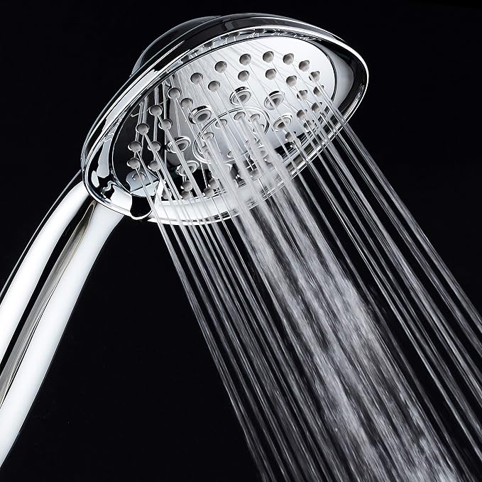 Luxury Square 6-setting High-Pressure Hand Shower. Extra-Long 72" Stainless Steel Hose, Bracket, Solid Brass Fittings, All-Chrome Finish. Premium Handheld Shower Head from Top American Manufacturer!