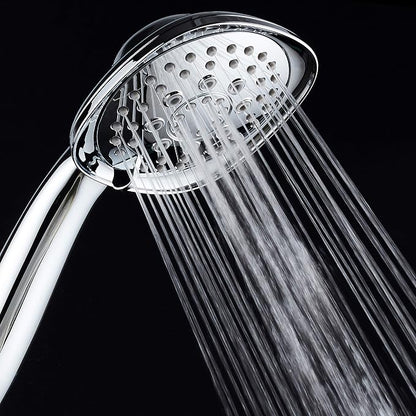 Luxury Square 6-setting High-Pressure Hand Shower. Extra-Long 72" Stainless Steel Hose, Bracket, Solid Brass Fittings, All-Chrome Finish. Premium Handheld Shower Head from Top American Manufacturer!