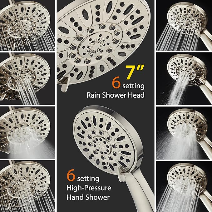 AquaDance 7" Premium High Pressure 3-way Rain & Handheld Shower Head Combo | Enjoy Dual 6-Setting Luxury Shower Heads Separately or Together for the Best of Both Worlds! Stainless Steel Hose - Nickel