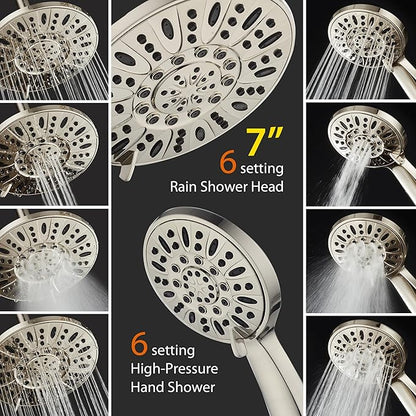AquaDance 7" Premium High Pressure 3-way Rain & Handheld Shower Head Combo | Enjoy Dual 6-Setting Luxury Shower Heads Separately or Together for the Best of Both Worlds! Stainless Steel Hose - Nickel