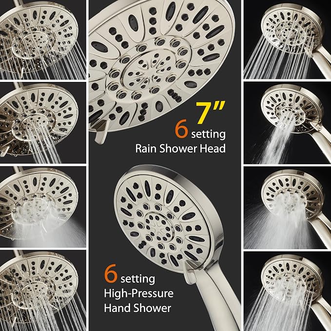 AquaDance 7" Premium High Pressure 3-way Rain & Handheld Shower Head Combo | Enjoy Dual 6-Setting Luxury Shower Heads Separately or Together for the Best of Both Worlds! Stainless Steel Hose - Nickel