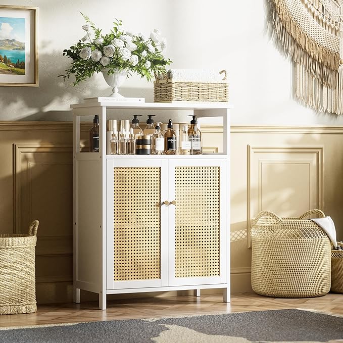 HITNET Bamboo Cabinet, Rattan Storage Cabinet with Doors, Freestanding Floor Cupboard for Bathroom, Living Room, Hallway, White